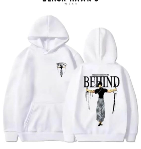 This beautiful  hoodie makes a statement from every angle. The front features a minimalist “BEHIND” logo with a dangling character, while the back showcases a dramatic full-size illustration—chains, sword, and all—under the powerful message: “THERE IS ALWAYS SOMETHING BEHIND.”