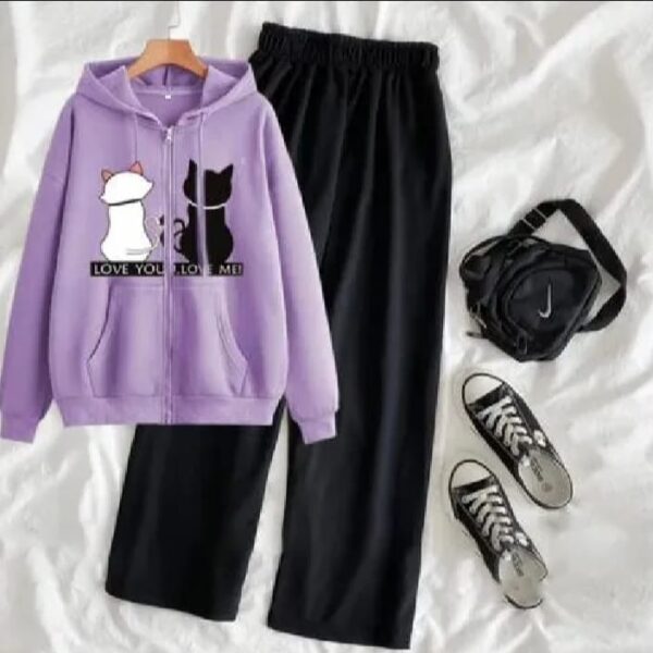 Wrap yourself in cozy charm with the Lavender Love Cats Hoodie. This soft zip-up features a heartwarming graphic of two cats—one black, one white Designed for comfort and expression, it pairs effortlessly with casual pants or streetwear staples.