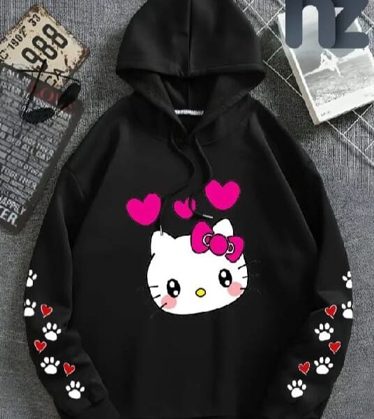 Add a dash of cuteness to your wardrobe with the Hello Kitty Hearts Hoodie. This black zip-up features a bold front graphic of Hello Kitty with her signature pink bow and three floating hearts, radiating charm and nostalgia